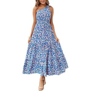 imagePRETTYGARDEN Womens Summer Floral Maxi Dress Knot One Shoulder Sleeveless Ruffle Flowy Boho Beach Wedding Guest DressesBlue Floral