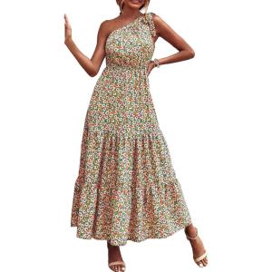 imagePRETTYGARDEN Womens Summer Floral Maxi Dress Knot One Shoulder Sleeveless Ruffle Flowy Boho Beach Wedding Guest DressesBluePink