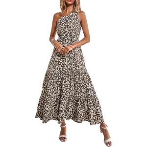imagePRETTYGARDEN Womens Summer Floral Maxi Dress Knot One Shoulder Sleeveless Ruffle Flowy Boho Beach Wedding Guest DressesCoffee