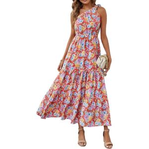 imagePRETTYGARDEN Womens Summer Floral Maxi Dress Knot One Shoulder Sleeveless Ruffle Flowy Boho Beach Wedding Guest DressesOrange Floral