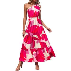 imagePRETTYGARDEN Womens Summer Floral Maxi Dress Knot One Shoulder Sleeveless Ruffle Flowy Boho Beach Wedding Guest DressesRed White Block