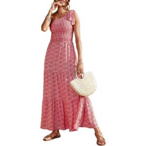 imagePRETTYGARDEN Womens Summer Floral Maxi Dress Knot One Shoulder Sleeveless Ruffle Flowy Boho Beach Wedding Guest DressesRedWhite