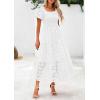 imagePRETTYGARDEN Summer Dresses for Women 2025 Eyelet Square Neck Puff Sleeve Smocked Wedding Guest Maxi Dress with PocketsBeige White