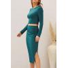 imagePRETTYGARDEN Womens 2024 Fall 2 Piece Outfits Track Suits Long Sleeve Crop Tops Bodycon Midi Skirt Slit Dress Matching SetsDark Green