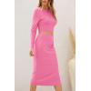 imagePRETTYGARDEN Womens 2024 Fall 2 Piece Outfits Track Suits Long Sleeve Crop Tops Bodycon Midi Skirt Slit Dress Matching SetsPink