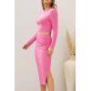 imagePRETTYGARDEN Womens 2024 Fall 2 Piece Outfits Track Suits Long Sleeve Crop Tops Bodycon Midi Skirt Slit Dress Matching SetsPink