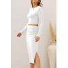 imagePRETTYGARDEN Womens 2024 Fall 2 Piece Outfits Track Suits Long Sleeve Crop Tops Bodycon Midi Skirt Slit Dress Matching SetsWhite