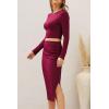 imagePRETTYGARDEN Womens 2024 Fall 2 Piece Outfits Track Suits Long Sleeve Crop Tops Bodycon Midi Skirt Slit Dress Matching SetsWine Red