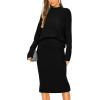imagePRETTYGARDEN Womens 2024 Fall Two Piece Outfits Ribbed Knit Long Sleeve Pullover Sweater and Bodycon Midi Skirt SetsBlack