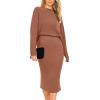 imagePRETTYGARDEN Womens 2024 Fall Two Piece Outfits Ribbed Knit Long Sleeve Pullover Sweater and Bodycon Midi Skirt SetsBrown