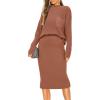 imagePRETTYGARDEN Womens 2024 Fall Two Piece Outfits Ribbed Knit Long Sleeve Pullover Sweater and Bodycon Midi Skirt SetsBrown