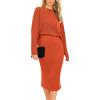 imagePRETTYGARDEN Womens 2024 Fall Two Piece Outfits Ribbed Knit Long Sleeve Pullover Sweater and Bodycon Midi Skirt SetsOrange