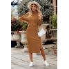 imagePRETTYGARDEN Womens 2024 Winter 2 Piece Tracksuit Long Sleeve Turtleneck Ribbed Top and Midi Skirt Dress SetsBrown
