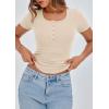 imagePRETTYGARDEN Womens 2025 Summer Short Sleeve Tops Ribbed Knit Henley Button Up Slim Fit Basic Casual T Shirts BlouseBeige