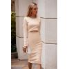 imagePRETTYGARDEN Womens Long Sleeve Midi Bodycon Dresses Casual Crewneck Cut Out Ribbed Knit Fitted Pencil DressApricot