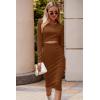 imagePRETTYGARDEN Womens Long Sleeve Midi Bodycon Dresses Casual Crewneck Cut Out Ribbed Knit Fitted Pencil DressBrown