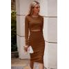 imagePRETTYGARDEN Womens Long Sleeve Midi Bodycon Dresses Casual Crewneck Cut Out Ribbed Knit Fitted Pencil DressBrown