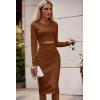 imagePRETTYGARDEN Womens Long Sleeve Midi Bodycon Dresses Casual Crewneck Cut Out Ribbed Knit Fitted Pencil DressBrown