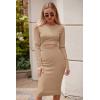 imagePRETTYGARDEN Womens Long Sleeve Midi Bodycon Dresses Casual Crewneck Cut Out Ribbed Knit Fitted Pencil DressKhaki