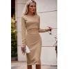 imagePRETTYGARDEN Womens Long Sleeve Midi Bodycon Dresses Casual Crewneck Cut Out Ribbed Knit Fitted Pencil DressKhaki