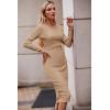 imagePRETTYGARDEN Womens Long Sleeve Midi Bodycon Dresses Casual Crewneck Cut Out Ribbed Knit Fitted Pencil DressKhaki