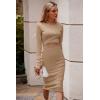 imagePRETTYGARDEN Womens Long Sleeve Midi Bodycon Dresses Casual Crewneck Cut Out Ribbed Knit Fitted Pencil DressKhaki