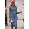 imagePRETTYGARDEN Womens Long Sleeve Midi Bodycon Dresses Casual Crewneck Cut Out Ribbed Knit Fitted Pencil DressLight Blue