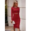 imagePRETTYGARDEN Womens Long Sleeve Midi Bodycon Dresses Casual Crewneck Cut Out Ribbed Knit Fitted Pencil DressRed