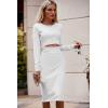 imagePRETTYGARDEN Womens Long Sleeve Midi Bodycon Dresses Casual Crewneck Cut Out Ribbed Knit Fitted Pencil DressWhite