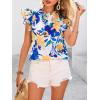 imagePRETTYGARDEN Womens Ruffle Short Sleeve Summer Tops 2025 Trendy Floral Trim Neck Casual Dressy Chiffon Boho Blouses ShirtsWhite Blue Flower
