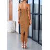 imagePRETTYGARDEN Womens Summer Off The Shoulder Dress Ruched Bodycon Sleeveless Split Cocktail Party Maxi DressesBrown