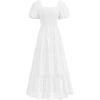 imagePRETTYGARDEN Summer Dresses for Women 2025 Eyelet Square Neck Puff Sleeve Smocked Wedding Guest Maxi Dress with PocketsBeige White