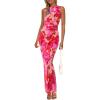 imagePRETTYGARDEN Wedding Guest Dresses for Women 2025 Summer Resort Wear Sexy Floral Bodycon Sleeveless Mesh Maxi Long DressPink Floral
