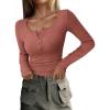 imagePRETTYGARDEN Womens 2024 Fall Long Sleeve Henley T Shirts Button Ribbed Knit Slim Fit Casual Basic Tops BlouseHeather Pink