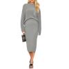 imagePRETTYGARDEN Womens 2024 Fall Two Piece Outfits Ribbed Knit Long Sleeve Pullover Sweater and Bodycon Midi Skirt SetsLight Grey