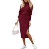 imagePRETTYGARDEN Womens 2024 Winter 2 Piece Tracksuit Long Sleeve Turtleneck Ribbed Top and Midi Skirt Dress SetsDark Wine Red