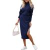 imagePRETTYGARDEN Womens 2024 Winter 2 Piece Tracksuit Long Sleeve Turtleneck Ribbed Top and Midi Skirt Dress SetsNavy