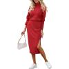 imagePRETTYGARDEN Womens 2024 Winter 2 Piece Tracksuit Long Sleeve Turtleneck Ribbed Top and Midi Skirt Dress SetsRed