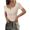 imagePRETTYGARDEN Womens 2025 Summer Short Sleeve Tops Ribbed Knit Henley Button Up Slim Fit Basic Casual T Shirts BlouseBeige