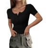 imagePRETTYGARDEN Womens 2025 Summer Short Sleeve Tops Ribbed Knit Henley Button Up Slim Fit Basic Casual T Shirts BlouseBlack