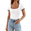 imagePRETTYGARDEN Womens Summer Short Sleeve T Shirts Ribbed Knit Square Neck Color Block Slim Fit Basic Casual Crop Tops BlousesWhite