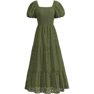 imagePRETTYGARDEN Summer Dresses for Women 2025 Eyelet Square Neck Puff Sleeve Smocked Wedding Guest Maxi Dress with PocketsArmy Green