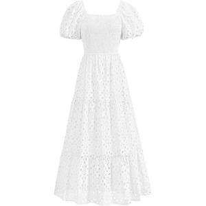 imagePRETTYGARDEN Summer Dresses for Women 2025 Eyelet Square Neck Puff Sleeve Smocked Wedding Guest Maxi Dress with PocketsBeige White