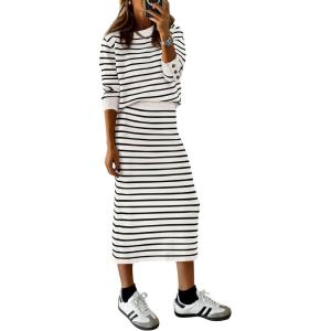 imagePRETTYGARDEN Womens 2 Piece Striped Sweater Sets Fall Long Sleeve Knit Pullover Pencil Skirts Matching Travel OutfitsWhite Stripe