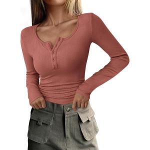 imagePRETTYGARDEN Womens 2024 Fall Long Sleeve Henley T Shirts Button Ribbed Knit Slim Fit Casual Basic Tops BlouseHeather Pink