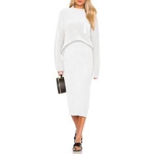 imagePRETTYGARDEN Womens 2024 Fall Two Piece Outfits Ribbed Knit Long Sleeve Pullover Sweater and Bodycon Midi Skirt SetsBeige White