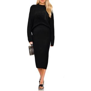 imagePRETTYGARDEN Womens 2024 Fall Two Piece Outfits Ribbed Knit Long Sleeve Pullover Sweater and Bodycon Midi Skirt SetsBlack
