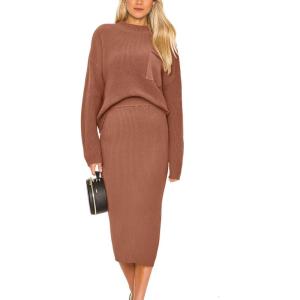 imagePRETTYGARDEN Womens 2024 Fall Two Piece Outfits Ribbed Knit Long Sleeve Pullover Sweater and Bodycon Midi Skirt SetsBrown