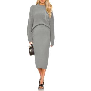 imagePRETTYGARDEN Womens 2024 Fall Two Piece Outfits Ribbed Knit Long Sleeve Pullover Sweater and Bodycon Midi Skirt SetsLight Grey