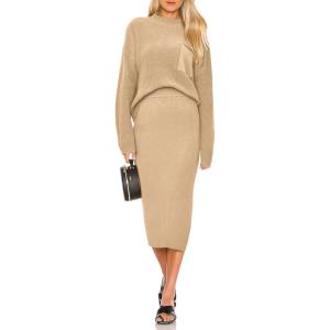 imagePRETTYGARDEN Womens 2024 Fall Two Piece Outfits Ribbed Knit Long Sleeve Pullover Sweater and Bodycon Midi Skirt SetsLight Khaki